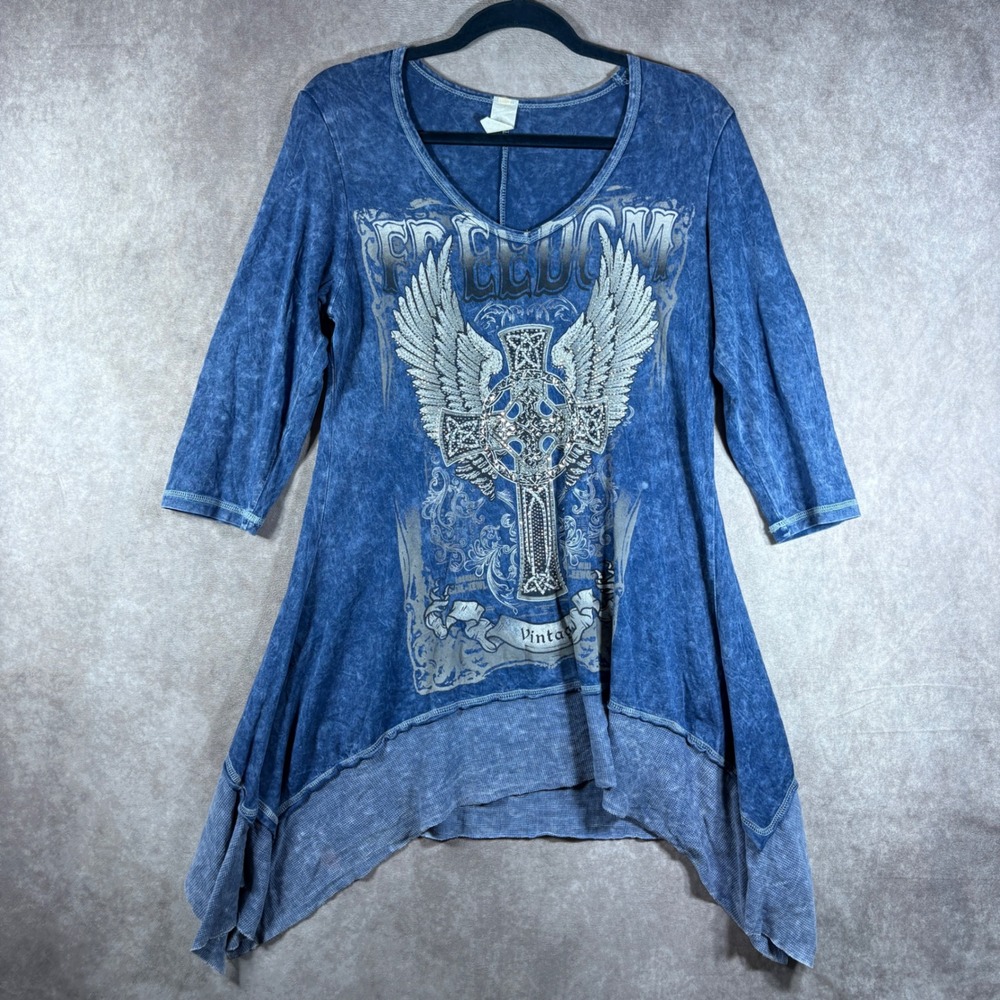 Boho Tunic Top Womens Large Blue Freedom Cross Angel Wing Rhinestone Festival